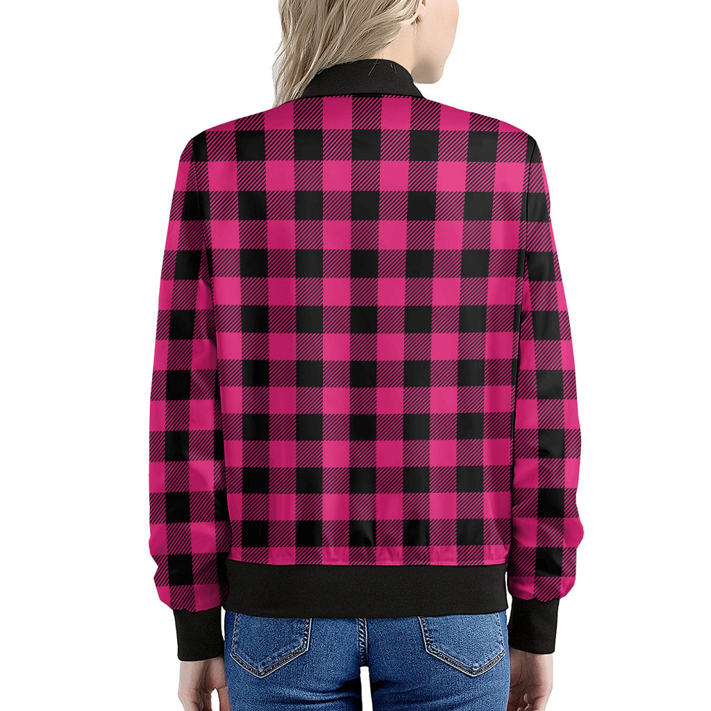 Pink And Black Buffalo Plaid Print Women's Bomber Jacket