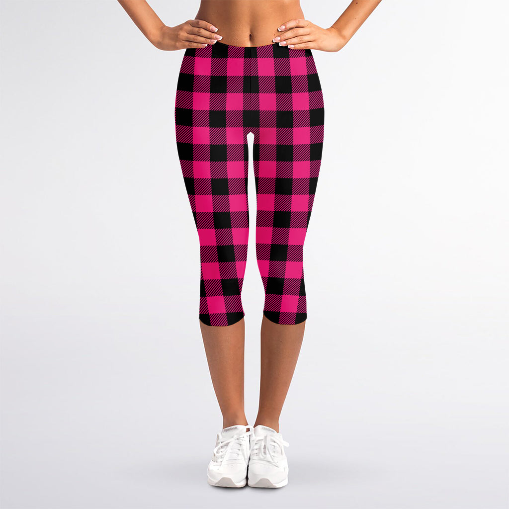 Pink And Black Buffalo Plaid Print Women's Capri Leggings