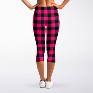 Pink And Black Buffalo Plaid Print Women's Capri Leggings