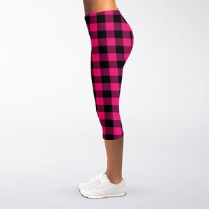 Pink And Black Buffalo Plaid Print Women's Capri Leggings