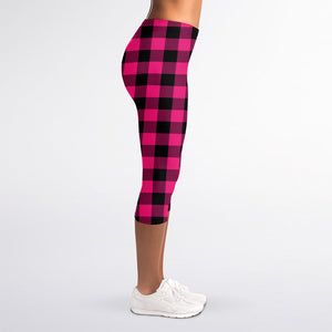 Pink And Black Buffalo Plaid Print Women's Capri Leggings