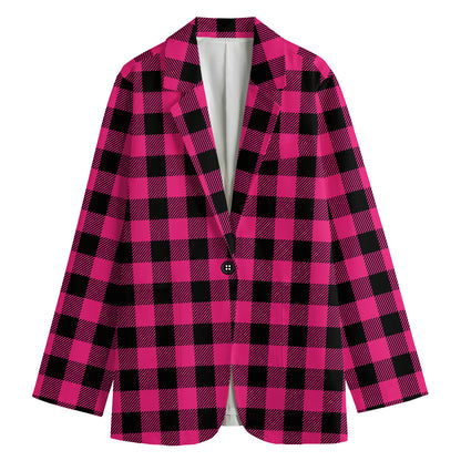 Pink And Black Buffalo Plaid Print Women's Cotton Blazer