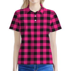 Pink And Black Buffalo Plaid Print Women's Polo Shirt