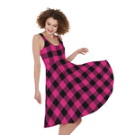 Pink And Black Buffalo Plaid Print Women's Sleeveless Dress