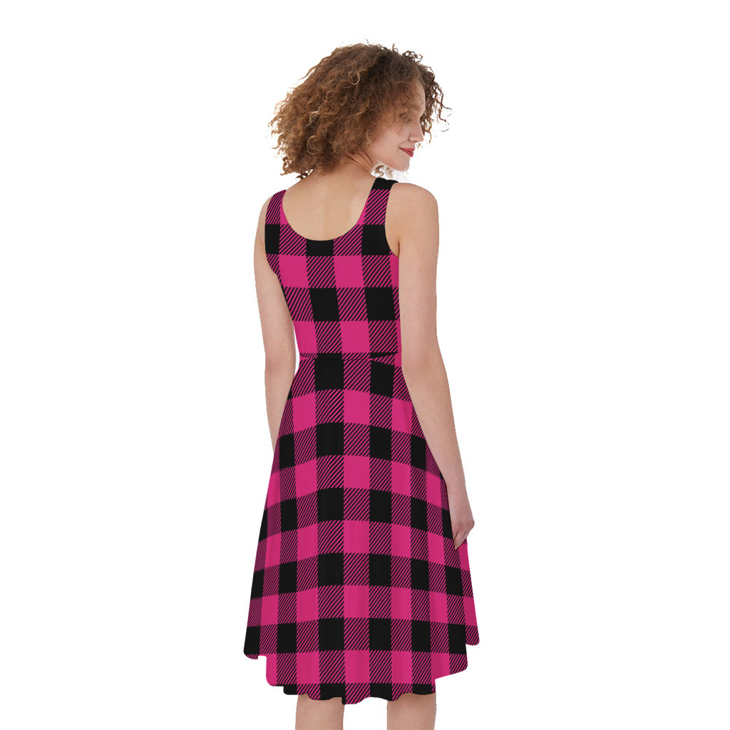 Pink And Black Buffalo Plaid Print Women's Sleeveless Dress