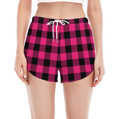 Pink And Black Buffalo Plaid Print Women's Split Running Shorts