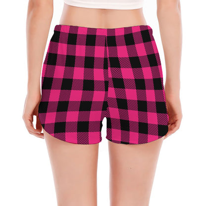 Pink And Black Buffalo Plaid Print Women's Split Running Shorts