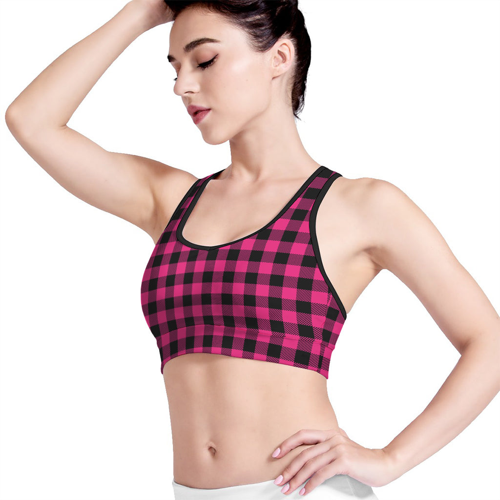 Pink And Black Buffalo Plaid Print Women's Sports Bra