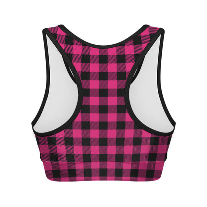 Pink And Black Buffalo Plaid Print Women's Sports Bra