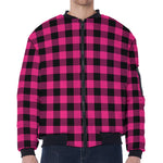 Pink And Black Buffalo Plaid Print Zip Sleeve Bomber Jacket