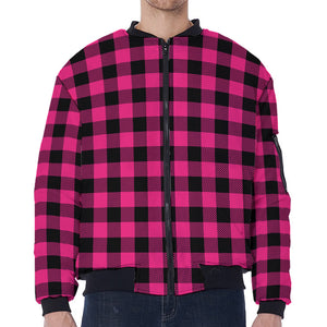 Pink And Black Buffalo Plaid Print Zip Sleeve Bomber Jacket