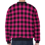 Pink And Black Buffalo Plaid Print Zip Sleeve Bomber Jacket
