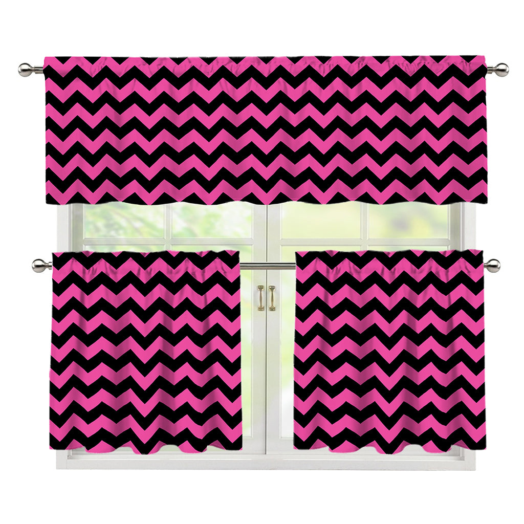 Pink And Black Chevron Pattern Print 3 Piece Kitchen Curtains