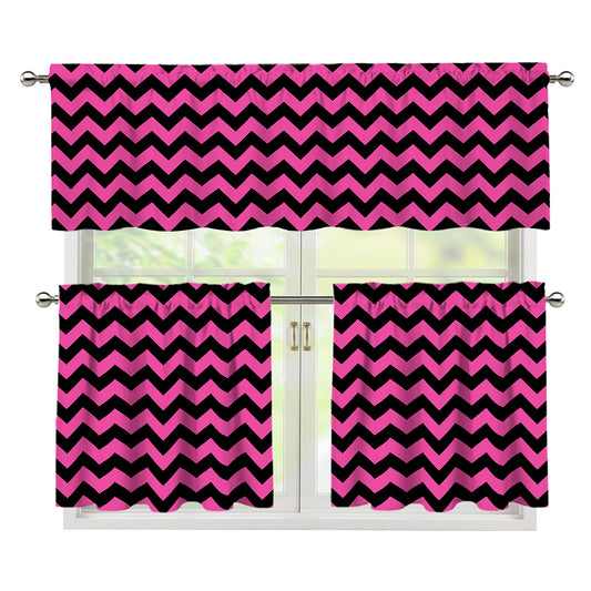 Pink And Black Chevron Pattern Print 3 Piece Kitchen Curtains
