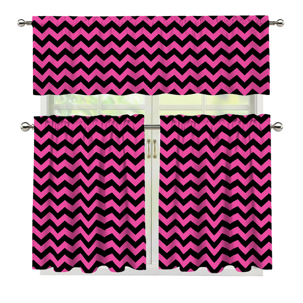 Pink And Black Chevron Pattern Print 3 Piece Kitchen Curtains