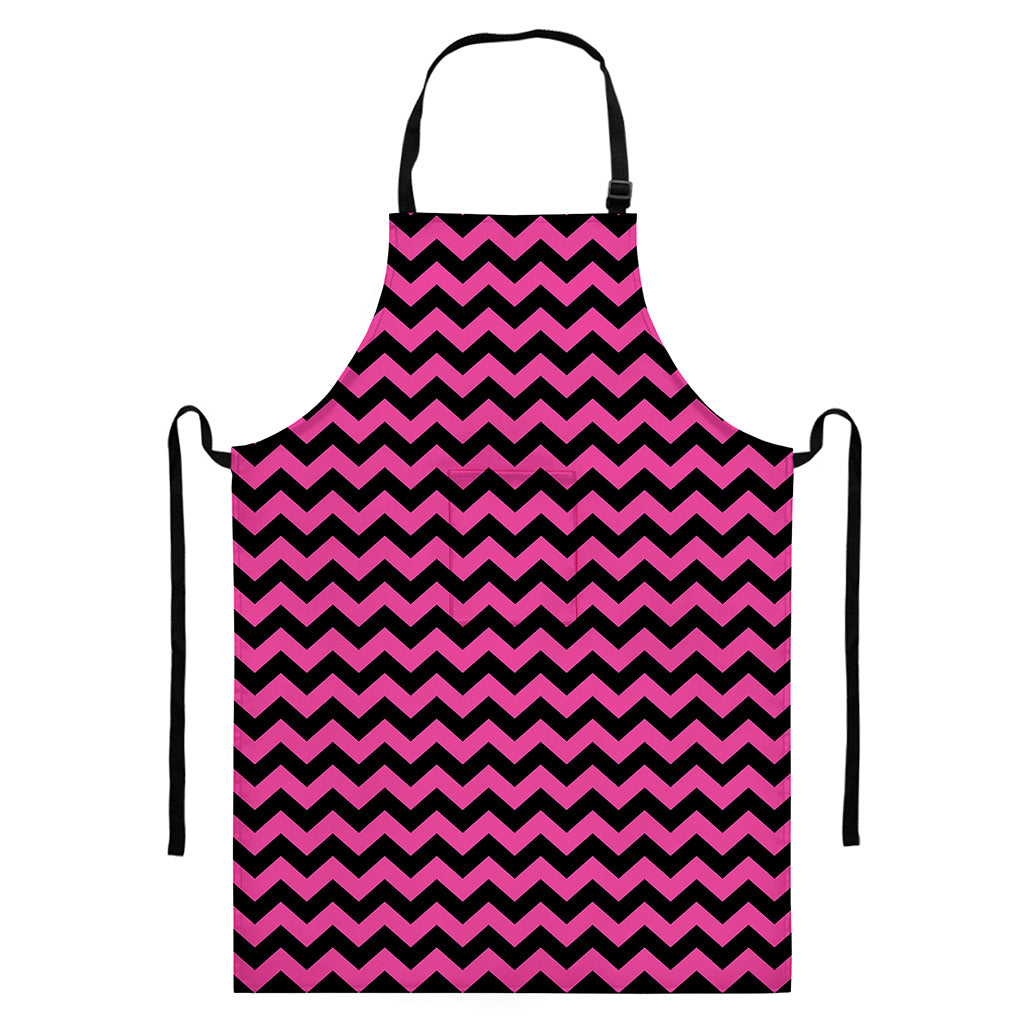 Pink And Black Chevron Pattern Print Bib Apron With Pocket