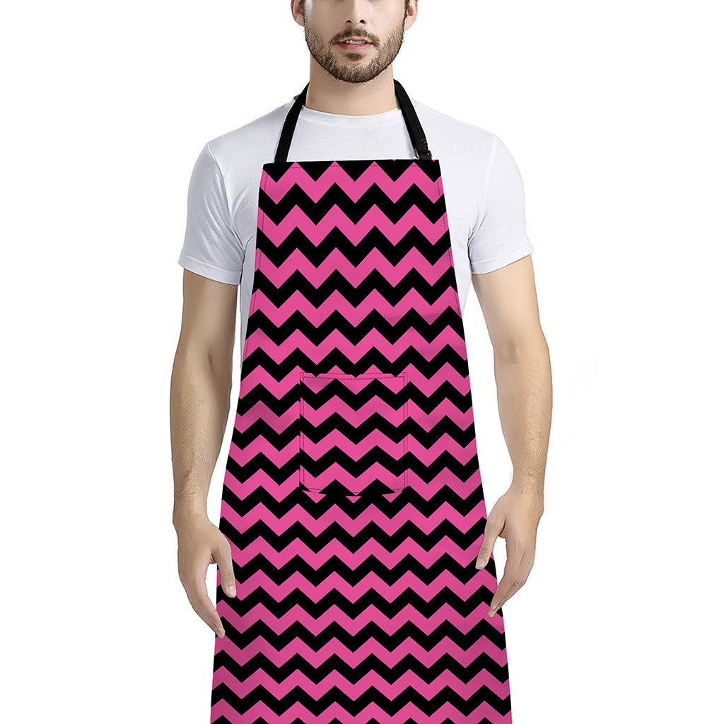 Pink And Black Chevron Pattern Print Bib Apron With Pocket