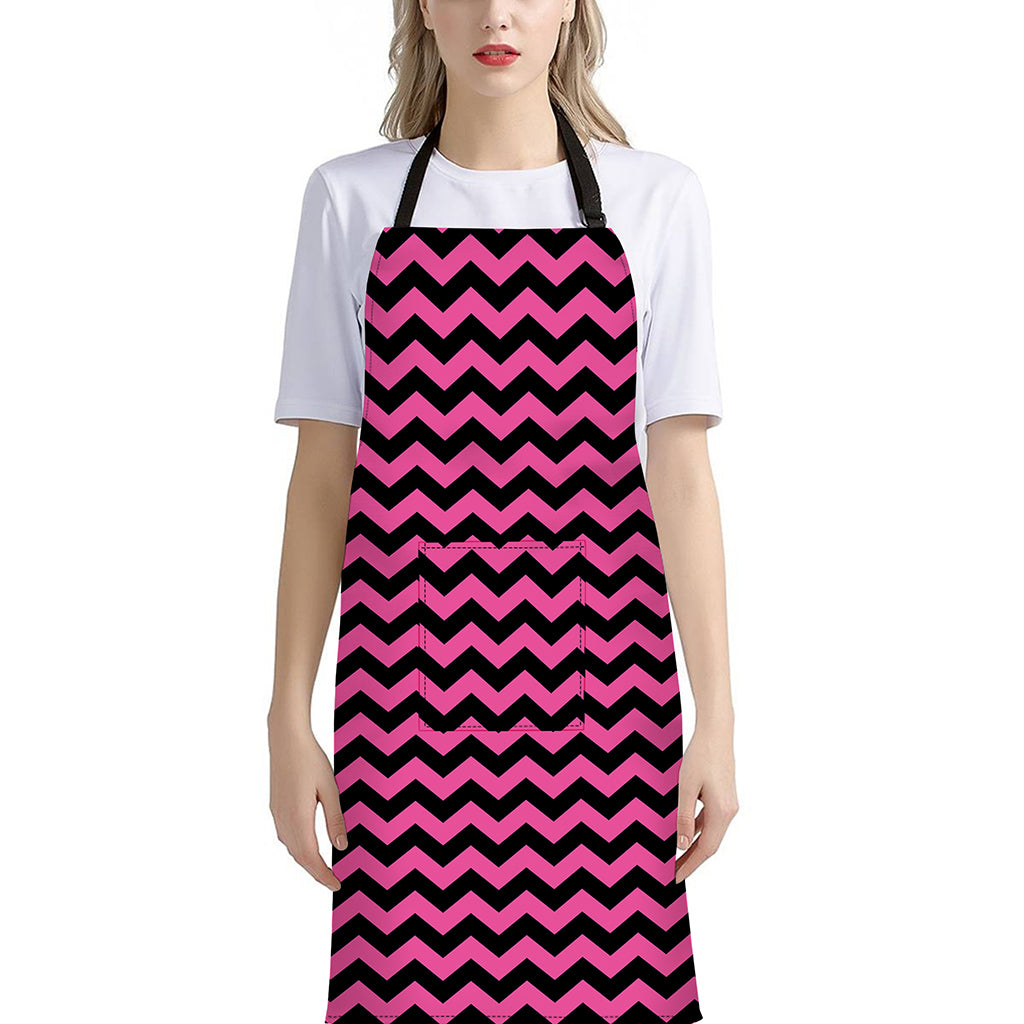Pink And Black Chevron Pattern Print Bib Apron With Pocket