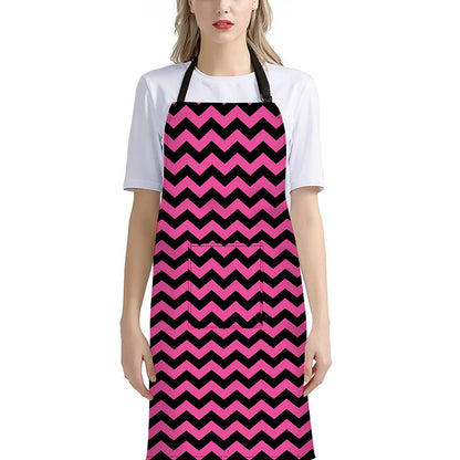 Pink And Black Chevron Pattern Print Bib Apron With Pocket