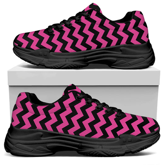 Pink And Black Chevron Pattern Print Black Chunky Shoes