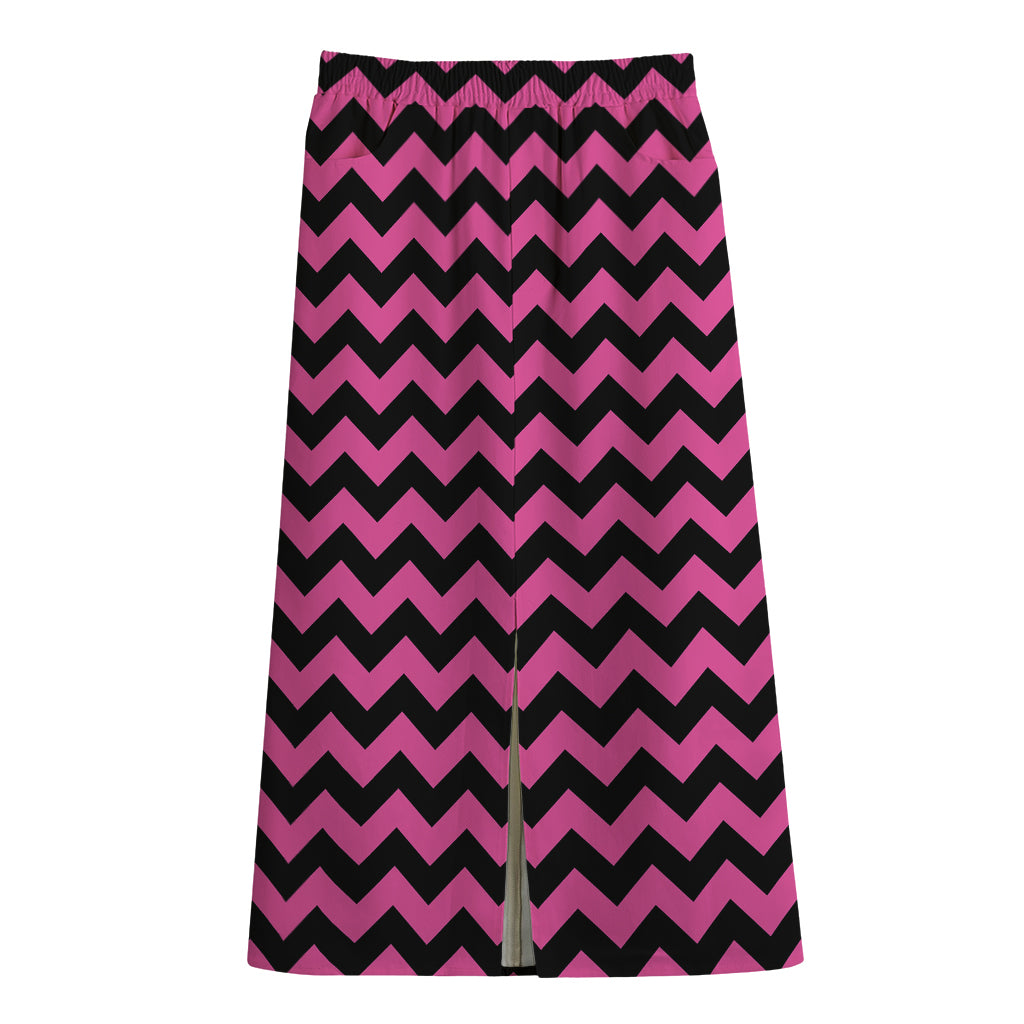 Pink And Black Chevron Pattern Print Cotton Front Slit Maxi Skirt