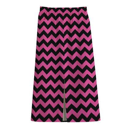 Pink And Black Chevron Pattern Print Cotton Front Slit Maxi Skirt