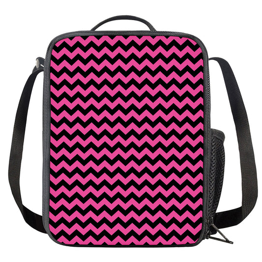 Pink And Black Chevron Pattern Print Crossbody Lunch Bag