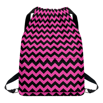 Pink And Black Chevron Pattern Print Drawstring Backpack