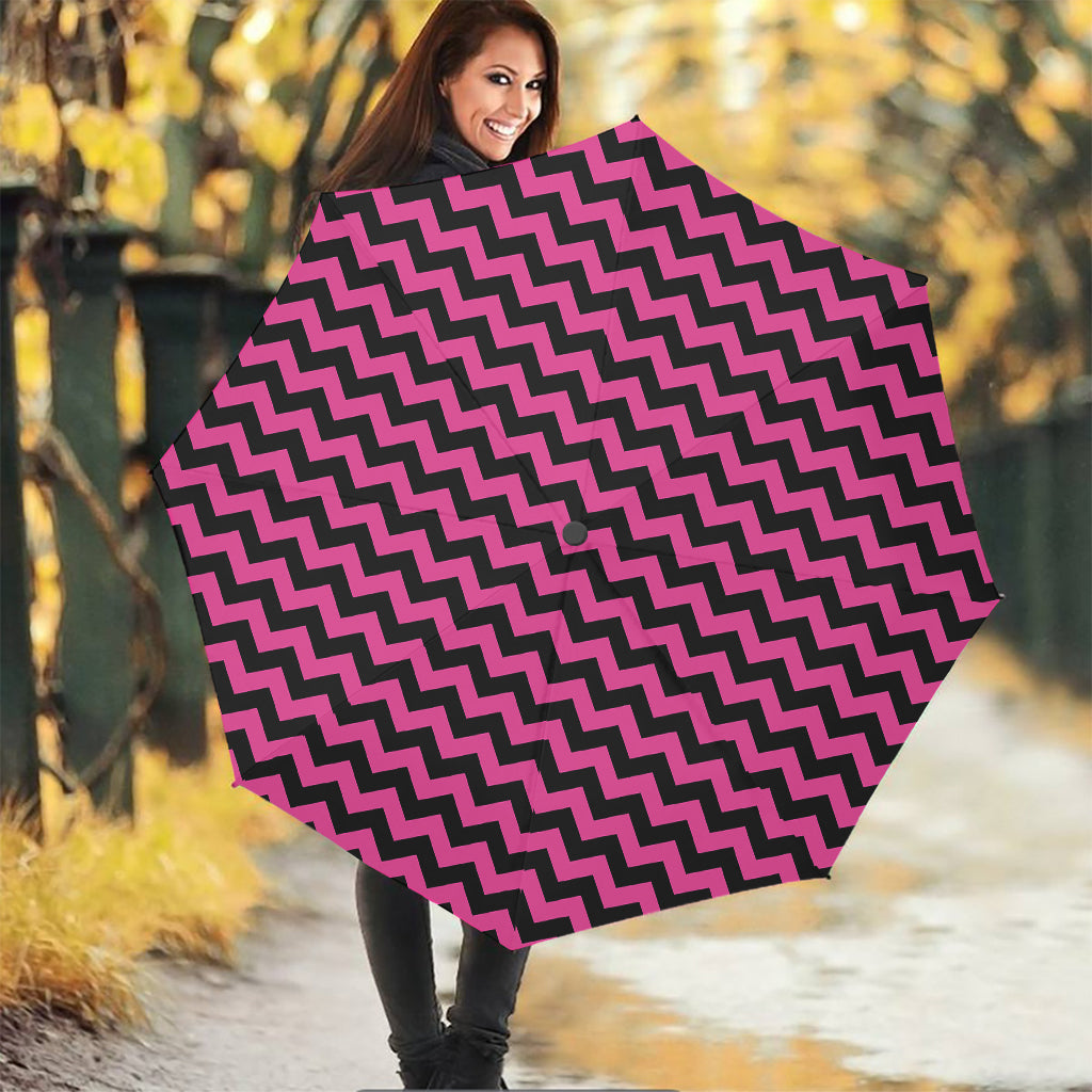 Pink And Black Chevron Pattern Print Foldable Umbrella