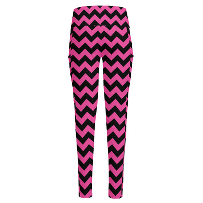 Pink And Black Chevron Pattern Print High-Waisted Pocket Leggings