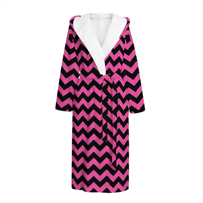 Pink And Black Chevron Pattern Print Hooded Bathrobe