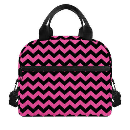 Pink And Black Chevron Pattern Print Insulated Lunch Bag