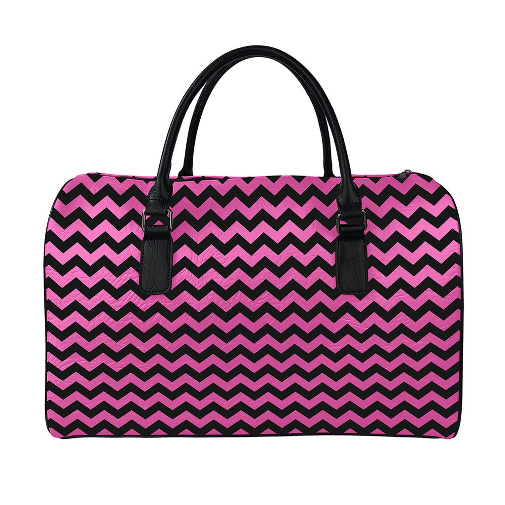 Pink And Black Chevron Pattern Print Leather Duffle Bag