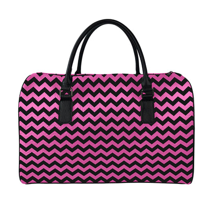 Pink And Black Chevron Pattern Print Leather Duffle Bag