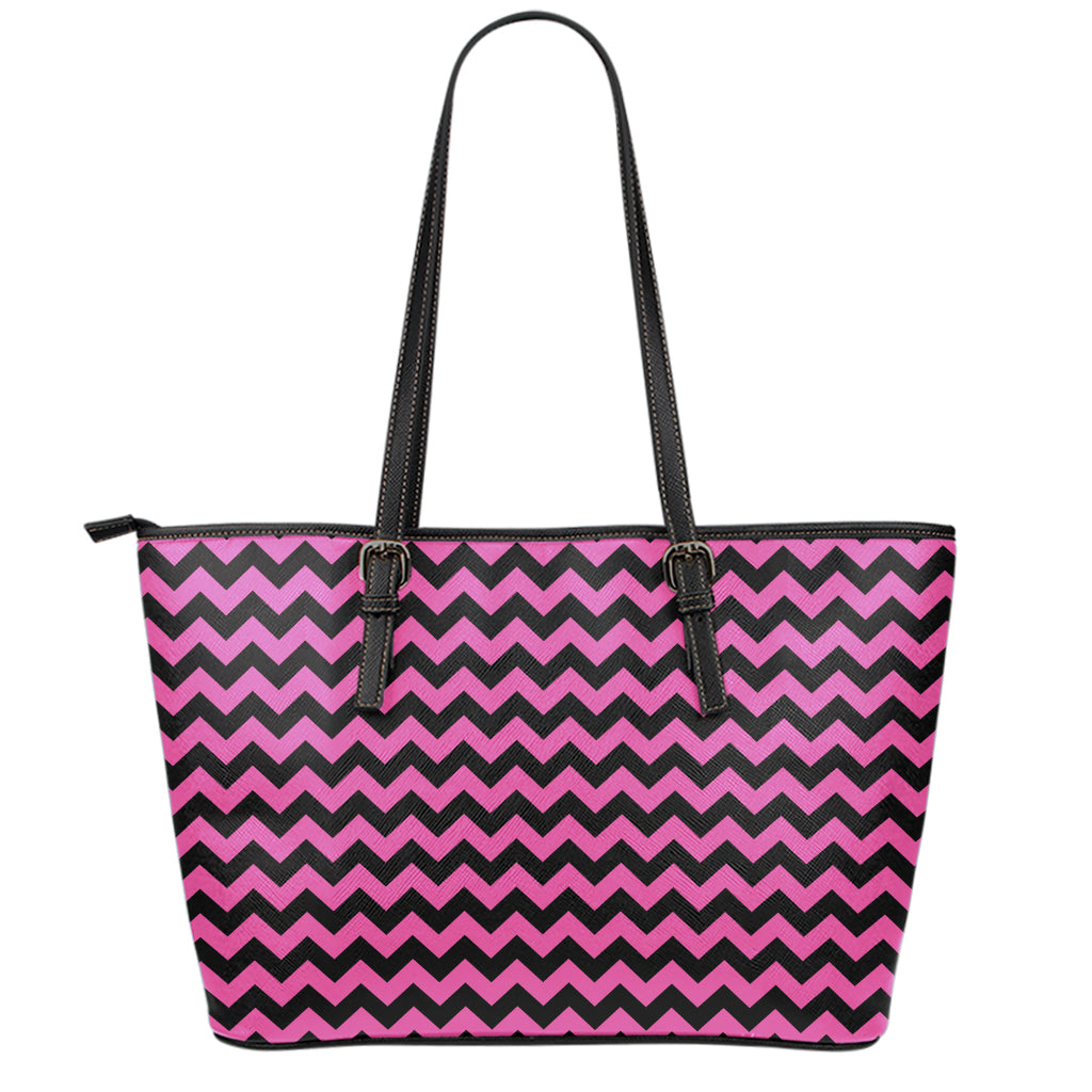Pink And Black Chevron Pattern Print Leather Tote Bag