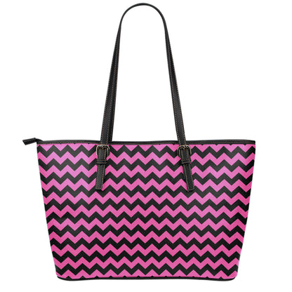Pink And Black Chevron Pattern Print Leather Tote Bag