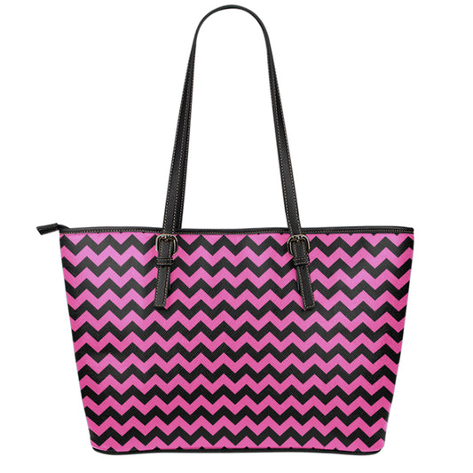 Pink And Black Chevron Pattern Print Leather Tote Bag