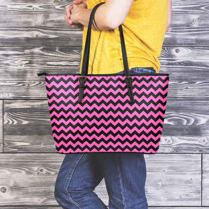Pink And Black Chevron Pattern Print Leather Tote Bag