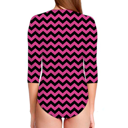 Pink And Black Chevron Pattern Print Long Sleeve Swimsuit