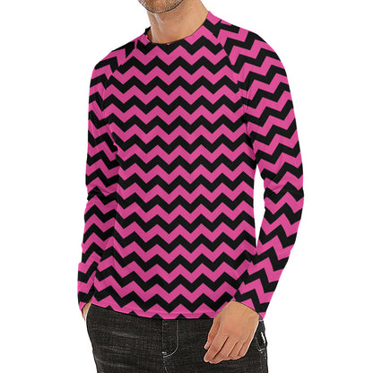 Pink And Black Chevron Pattern Print Men's Long Sleeve Rash Guard