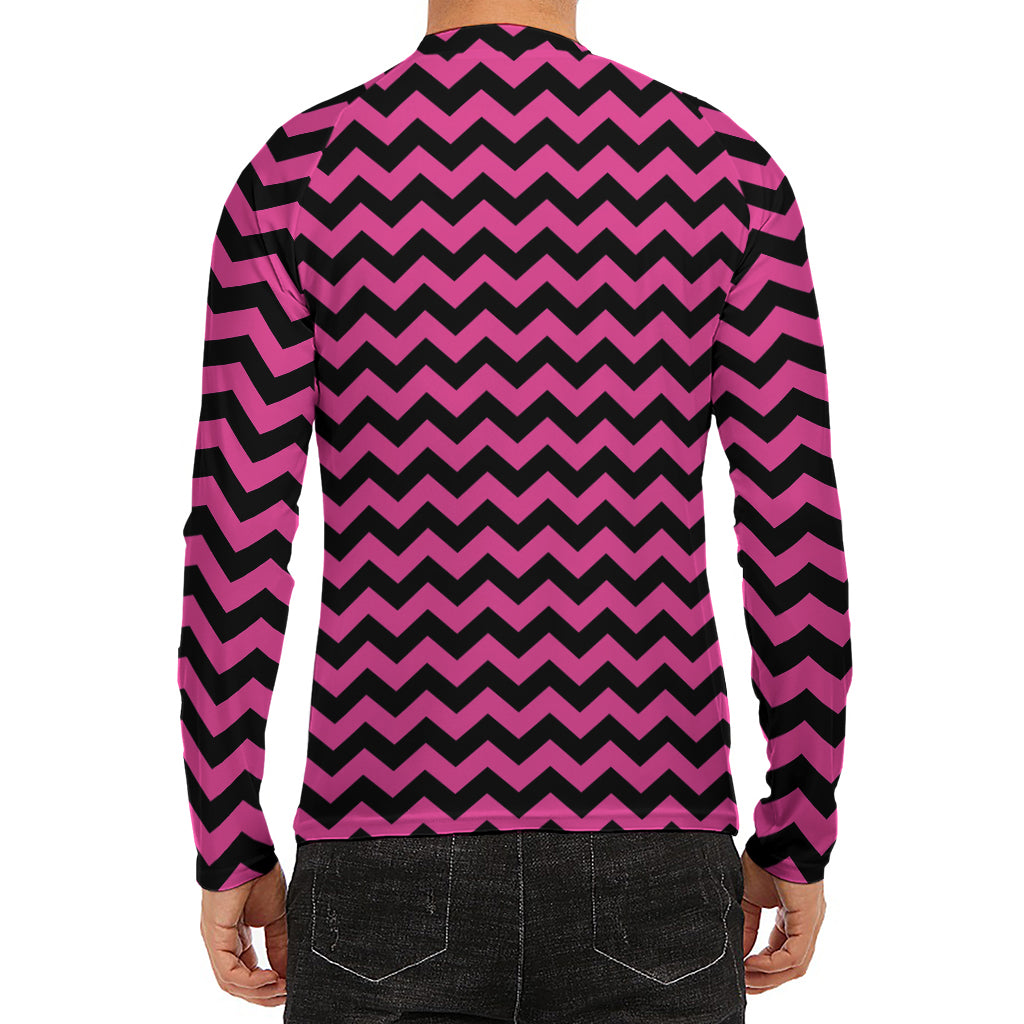 Pink And Black Chevron Pattern Print Men's Long Sleeve Rash Guard