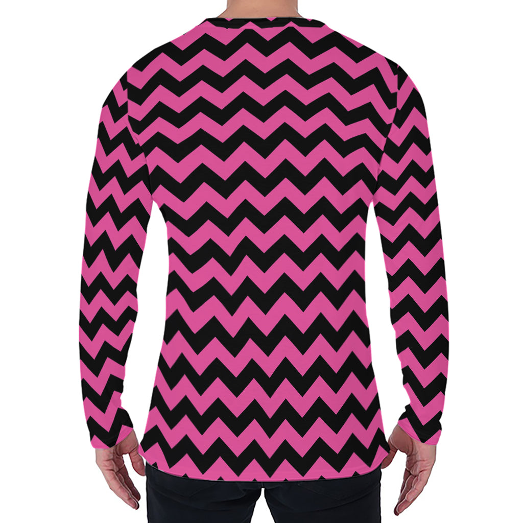 Pink And Black Chevron Pattern Print Men's Long Sleeve T-Shirt