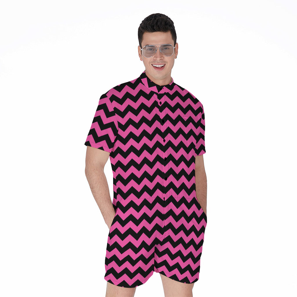 Pink And Black Chevron Pattern Print Men's Rompers