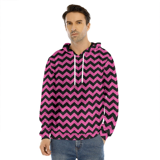 Pink And Black Chevron Pattern Print Men's Velvet Pullover Hoodie