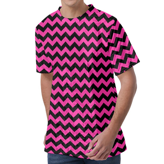Pink And Black Chevron Pattern Print Men's Velvet T-Shirt