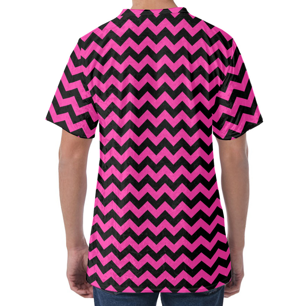 Pink And Black Chevron Pattern Print Men's Velvet T-Shirt