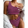 Pink And Black Chevron Pattern Print One Shoulder Bikini Set