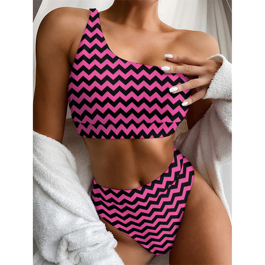 Pink And Black Chevron Pattern Print One Shoulder Bikini Top
