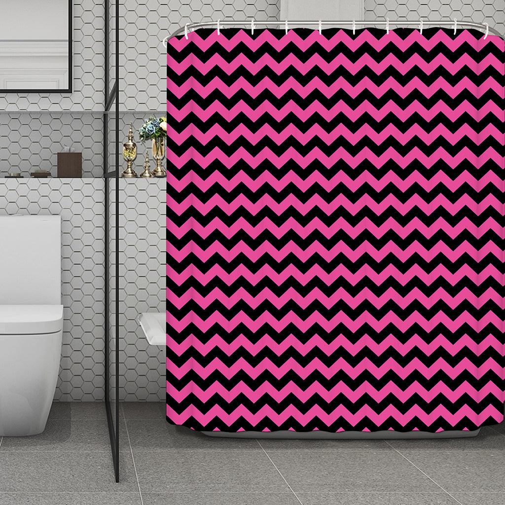 Pink And Black Chevron Pattern Print Polyester Shower Curtain