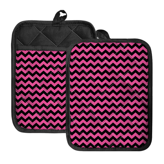 Pink And Black Chevron Pattern Print Pot Holders With Pocket